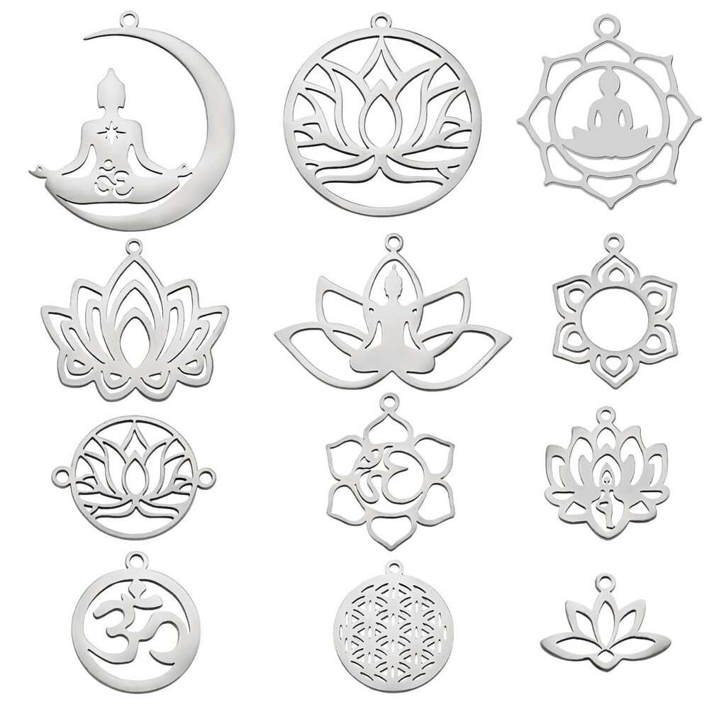 6701 12 Pieces Stainless Steel Charm Pendant Chakra Lotus Laser Cut Charm